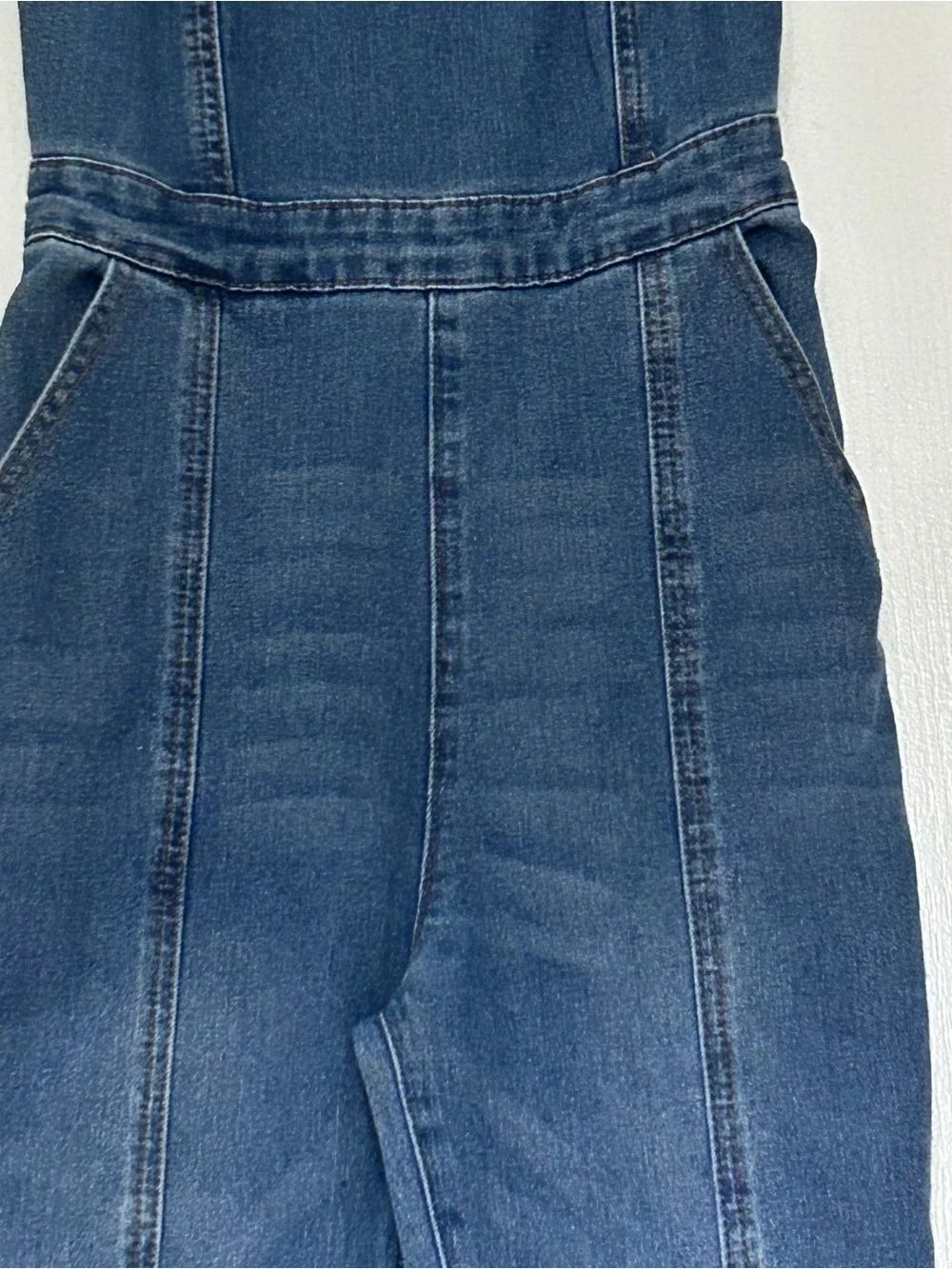 Sincerly Jules Blue Denim Fitted Flare Bottom Jean Overalls Front Seam Size XS - Picture 4 of 12